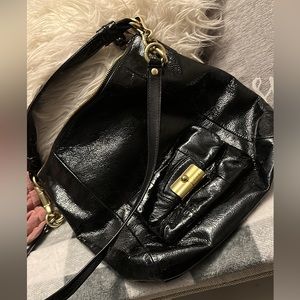 Coach patent leather shoulder or crossbody, blue inside. Mint condition.